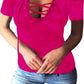 Deep V Neck  Cutout Lace Up  Plain T-Shirts - Veooy