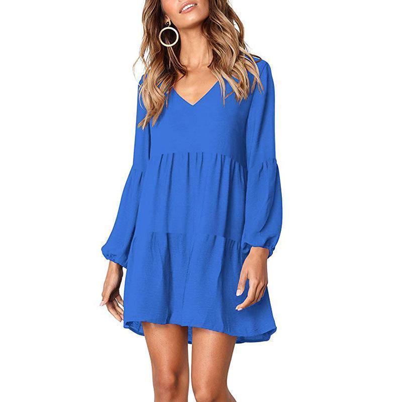 Fashion V Neck Puff Sleeve Solid Color Casual Dress - Veooy