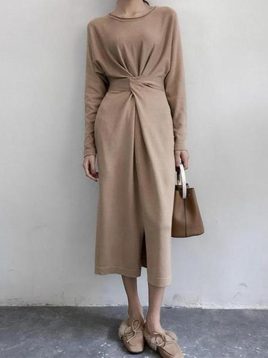 Casual Round Neck Long   Sleeve Pure Colour Dress - Veooy