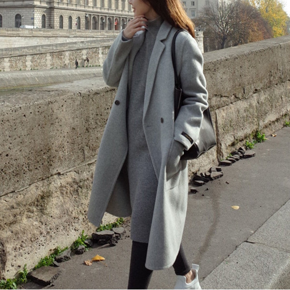 Fashion Plain Straight Cashmere Coat Outerwear - Veooy