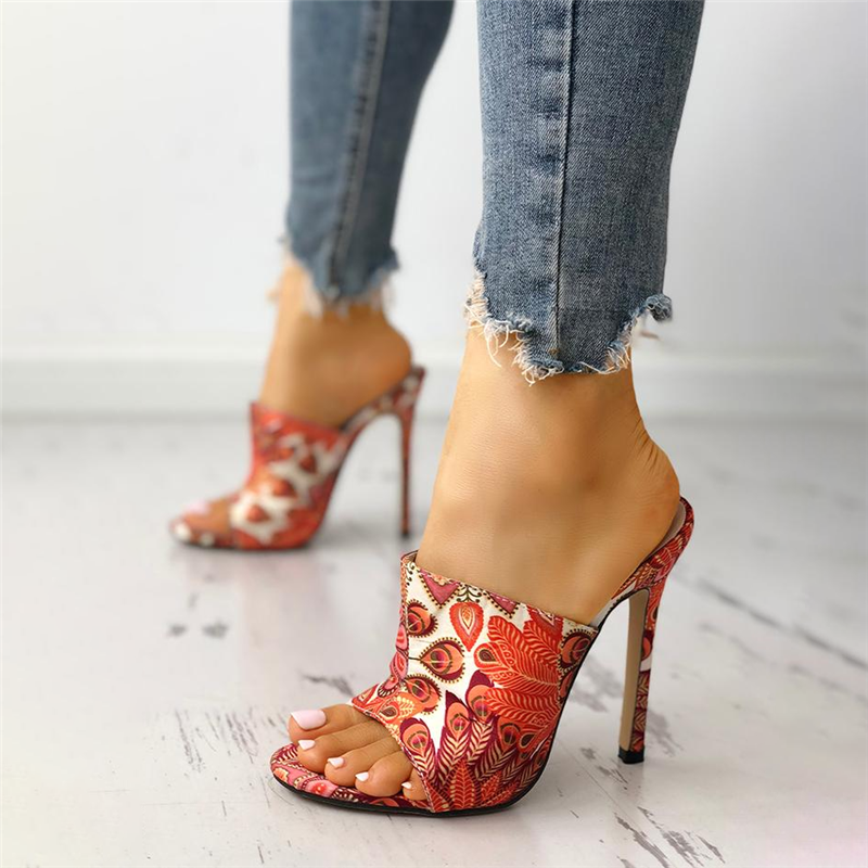 *Peacock Feather Print Thin Heeled Sandals - Veooy