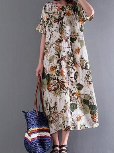 Cotton And Linen Printed Medium Length Pocket Maxi Dress With Medium Cuffs - Veooy