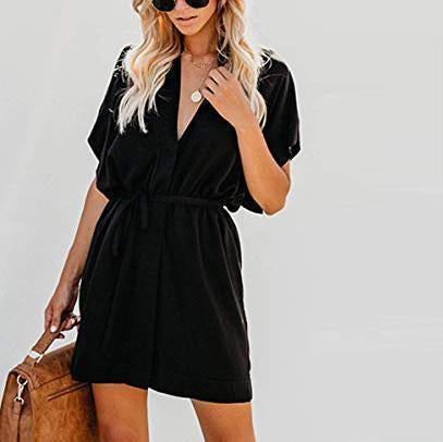 Fashion Wild V-Neck Short-Sleeved Button Lacing Female Dress - Veooy