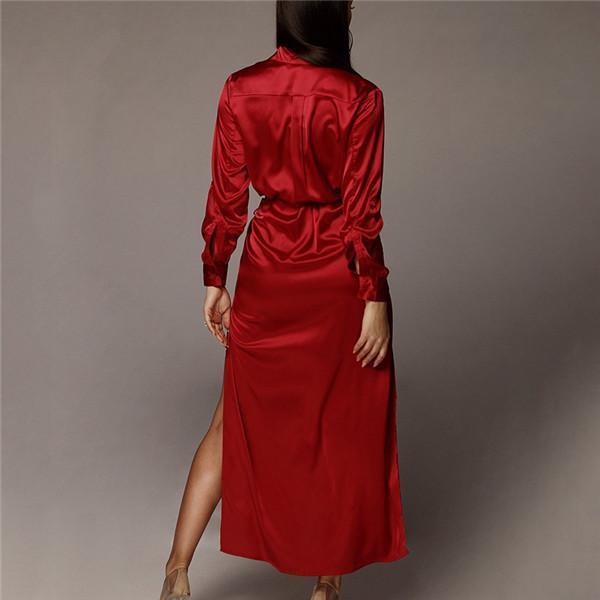 Casual Loose Sexy Silk And Satin Long-Sleeved Fork Maxi Dress - Veooy