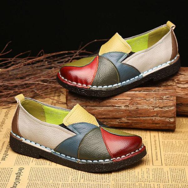 Handmade Splicing Leather Soft Flat Loafers - Veooy