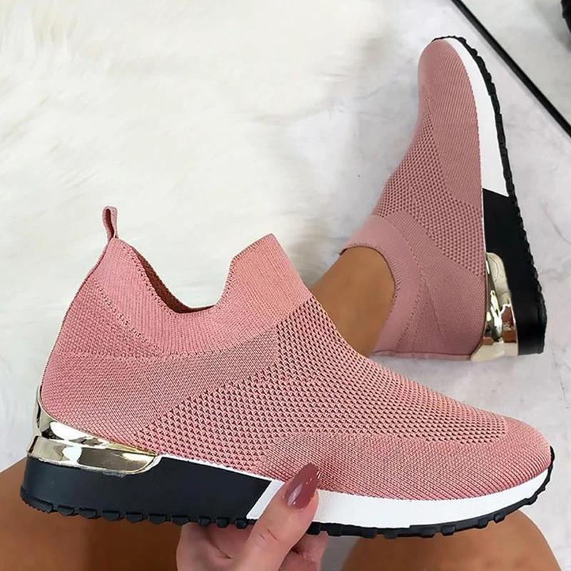 *Women Casual Athletic Flyknit Fabric Slip On Sneakers - Veooy