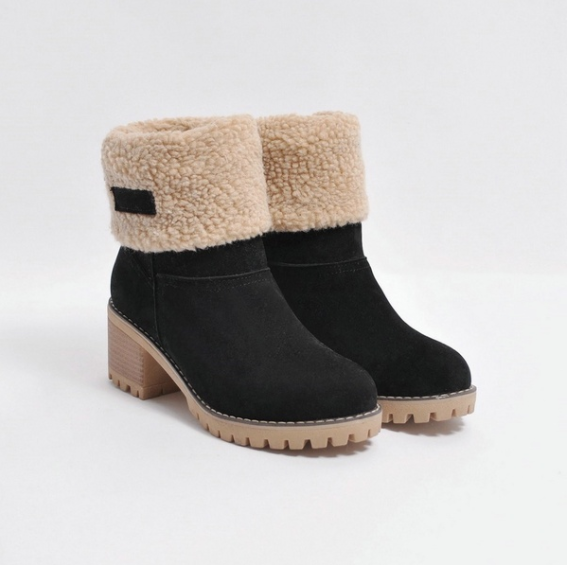 Female Winter Shoes Fur Warm Snow Boots Square Heels Ankle Boots * - Veooy