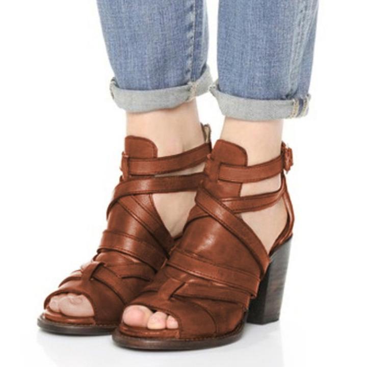 *Vintage Buckle Strap Heel Sandals Chunky Heel Sandals - Veooy