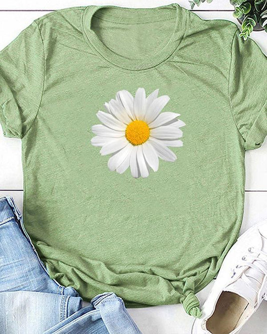 Flower Print T-shirt Ladies Short Sleeve Daily Tops .*