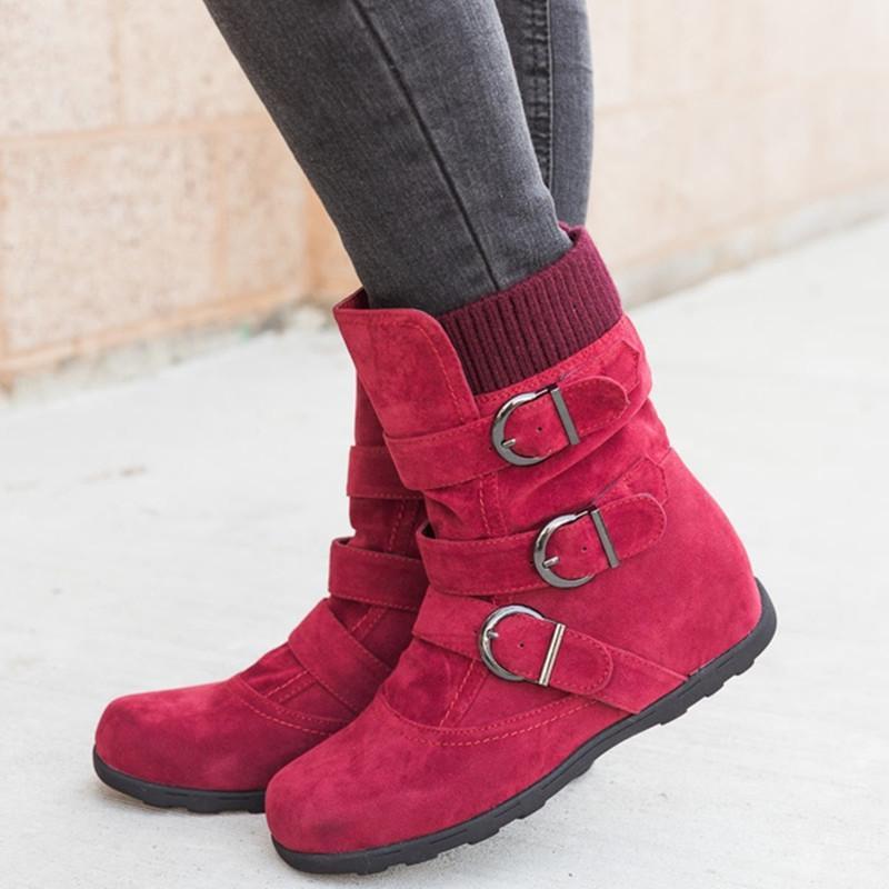 Cushioned Low-Calf Buckled Boots Low Heel Knitted Fabric Zipper Slip On Boots - Veooy