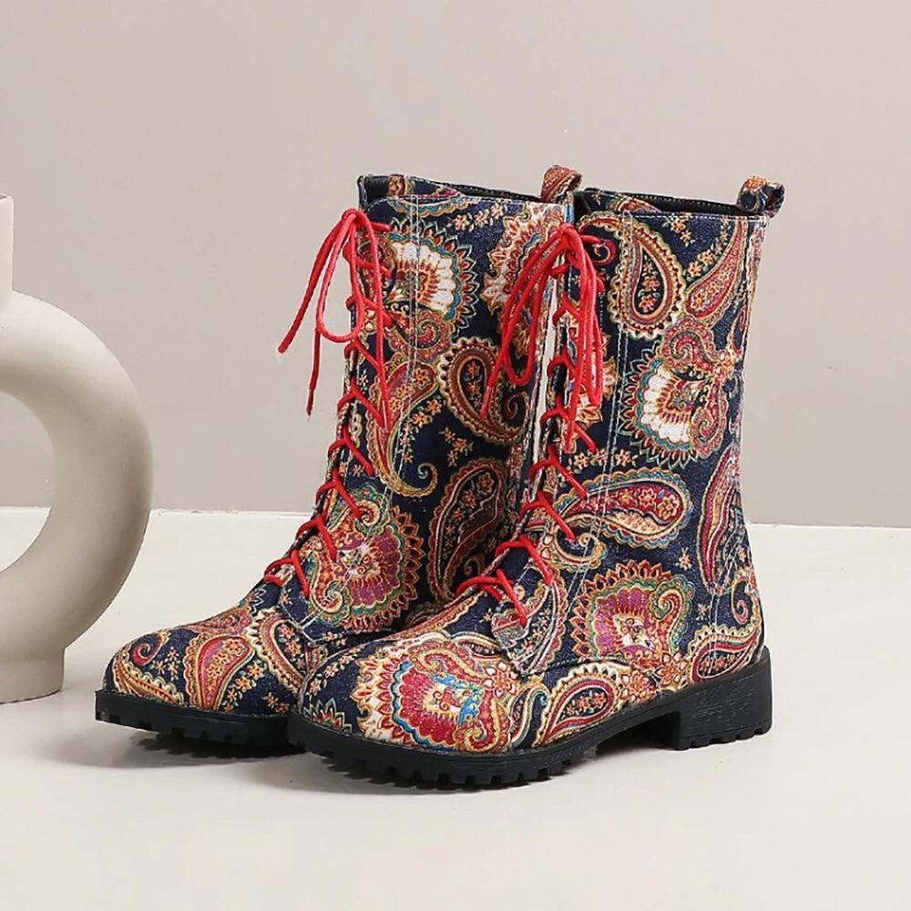 Floral Block Heel Round Toe Lace-up Mid-calf Cowboy Boots * - Veooy