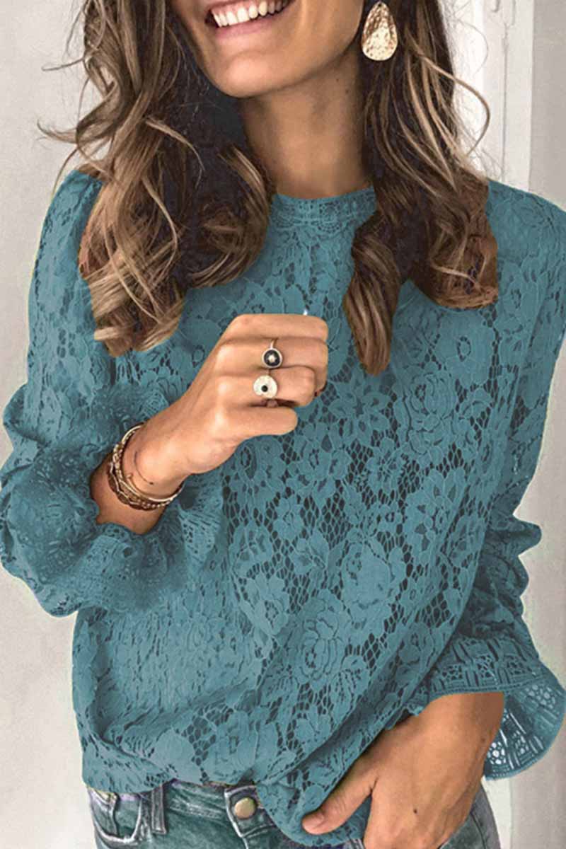 Florcoo Long Sleeve Openwork Lace Blouse(5 Colors) - Veooy