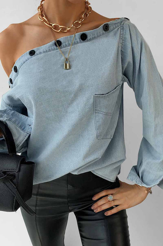 Spring Button-Neck Off-Shoulder Long-Sleeved Denim Shirt 💖