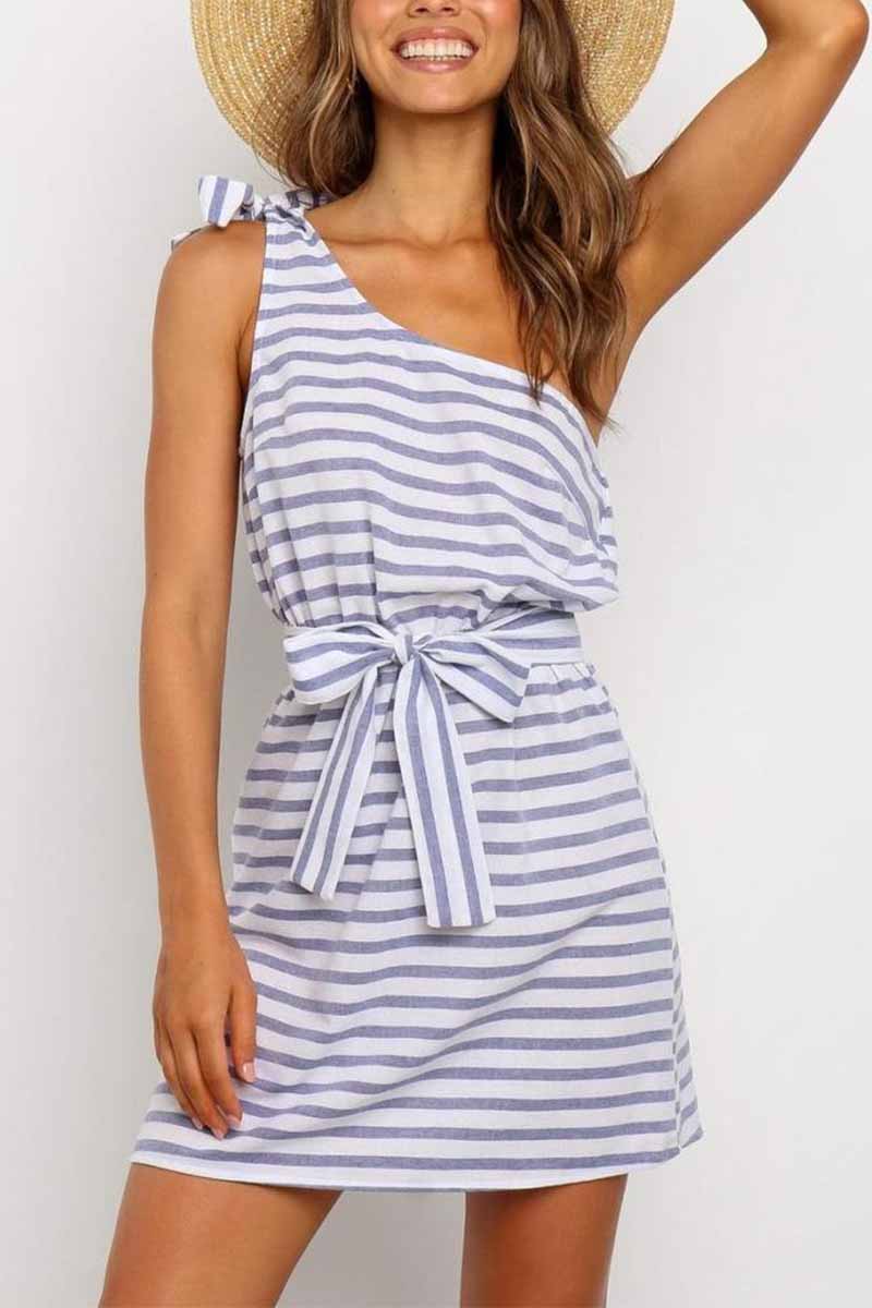 Summer Sexy One-Shoulder Lace-Up Stripes Mini Dress VEOOY