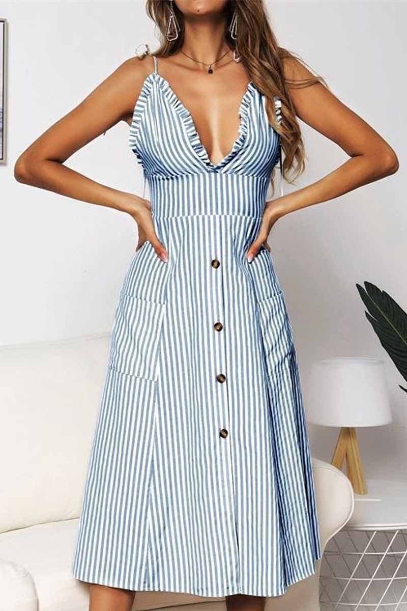 Deep V Neck Button Design Printed Sleeveless Dress