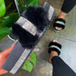 Women Faux Fur Rhinestone Casual Slip On Slippers *