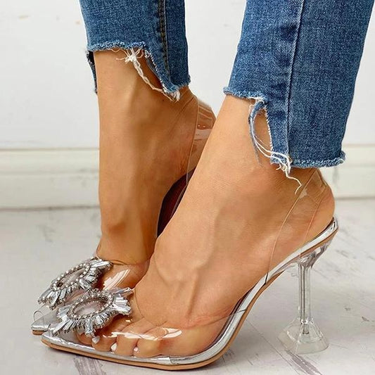 Studded Pointed Toe Transparent Thin Heels Sandals *