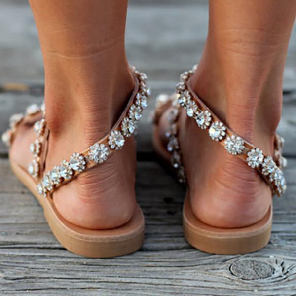 *Women PU Rhinestone Flat Heel Sandals Flip Flop Style Large Size - Veooy