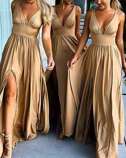 Elegant Solid Color V Neck Bridesmaids Dress - Veooy