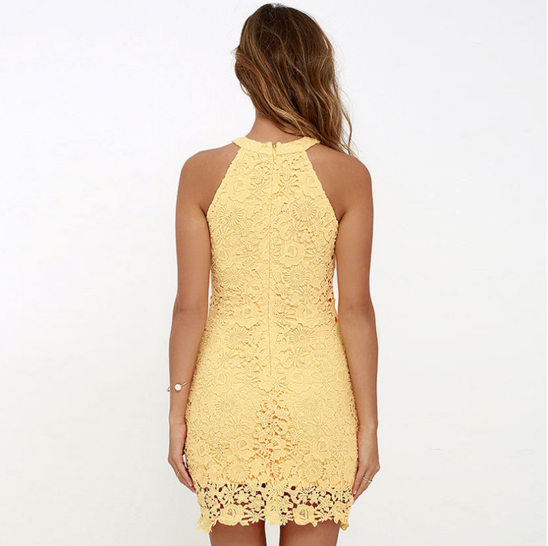 Halter Lace Details Mini Dresses with Zip Design - Veooy