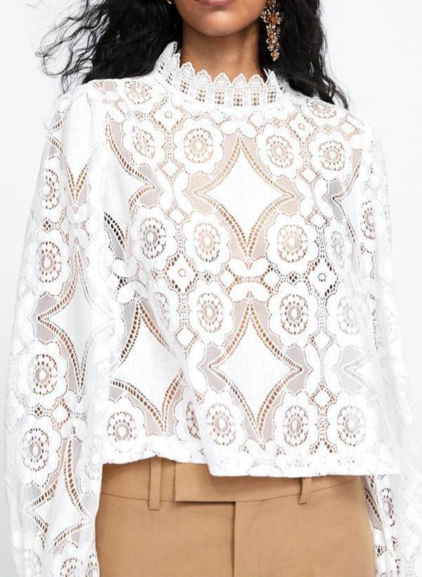 Fashion High Neck Long Sleeve Lace Blouses - Veooy
