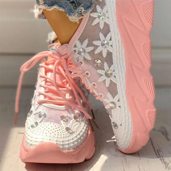 2020 New And Fashional Women's Mesh Rhinestone Platform With Wedges And Hollowed Out Sneakers * - Veooy