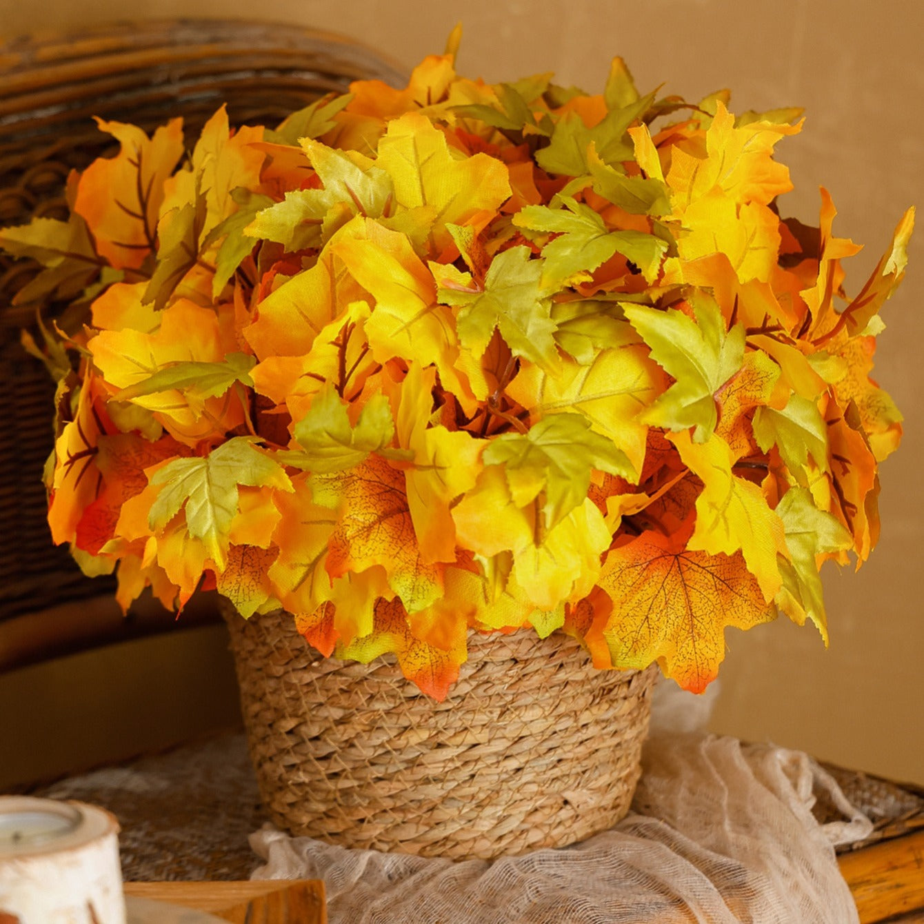 1pc 13.3in Yellow Artificial Maple Leaves, Artificial Maple Leaves Stems, Fake Fall Leaves Bouquet