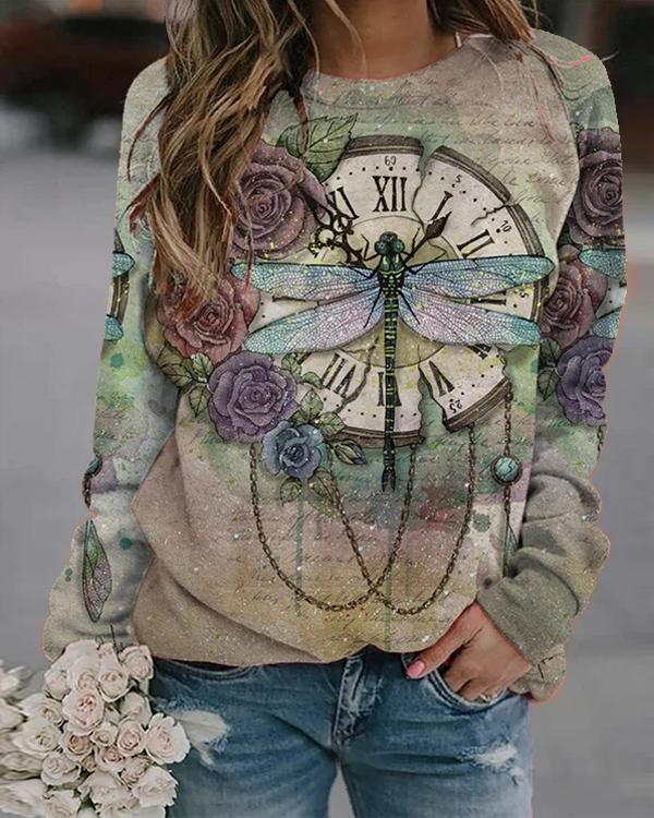 Vintage Dragonfly Printed Long Sleeve O-neck T-shirt For Women