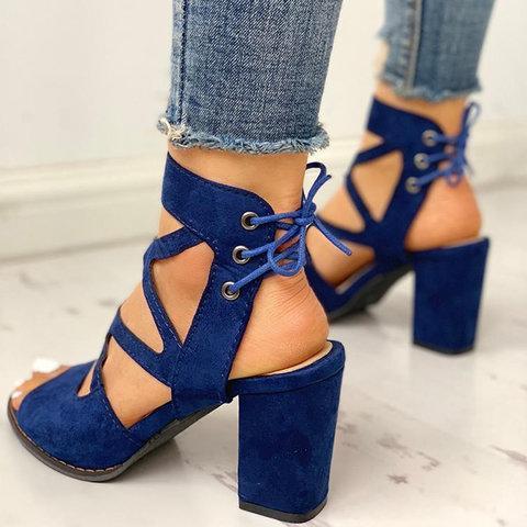 Women Lace-Up Casual Chunky Heel Pu Sandals *