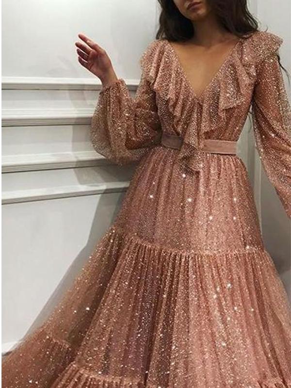 Fashion Sexy V Neck Sequins Evening Party Maxi Dresses - Veooy