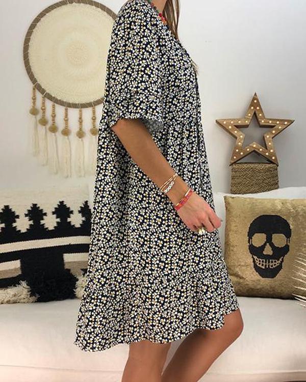 Casual Floral Printed Crew Neck Short Sleeve Plus Size Dress - Veooy