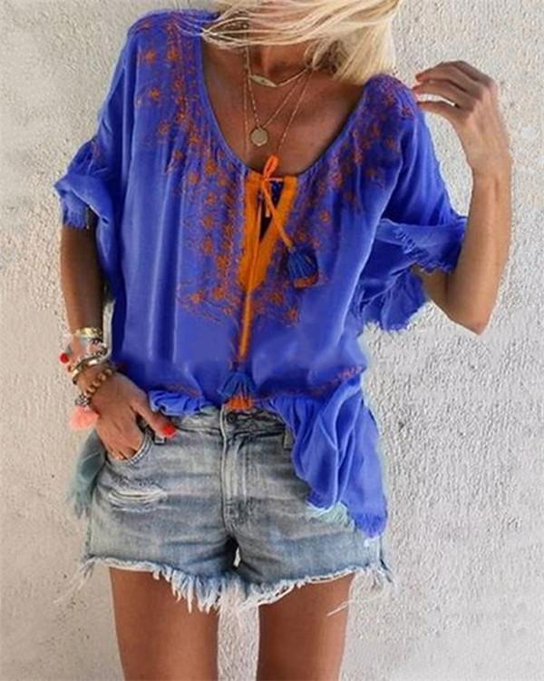 Casual Half Sleeve Floral-Print V Neck Blouses - Veooy