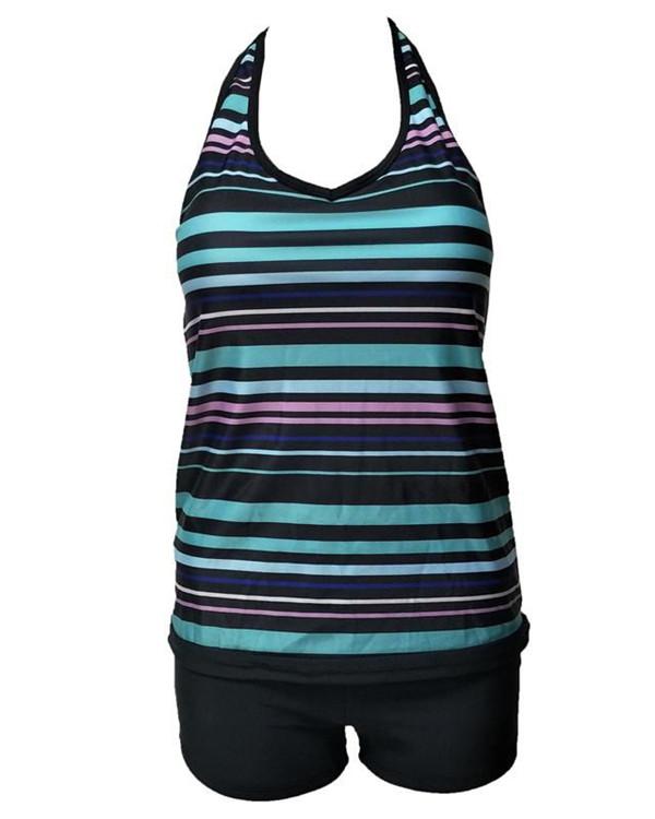 Women's Plus Size Sporty Halter Neck Striped Print Tankini Swimwear