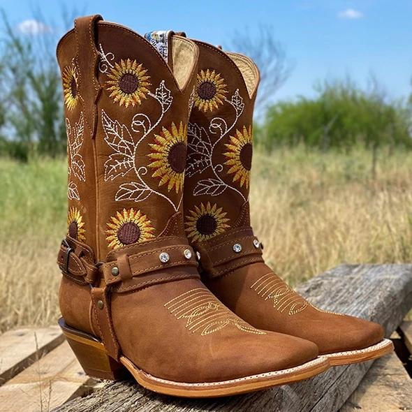 *Women's Natural Cowhide Leather Sunflower Boots - Veooy