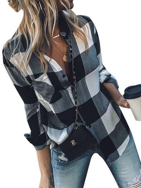 Classic Black And White Checkered Long Sleeve Shirt - Veooy