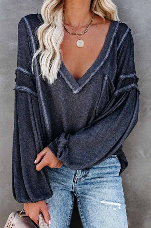 Solid Color Pullover V-Neck Bubble Long Sleeves Tops(4 Colors) 💖