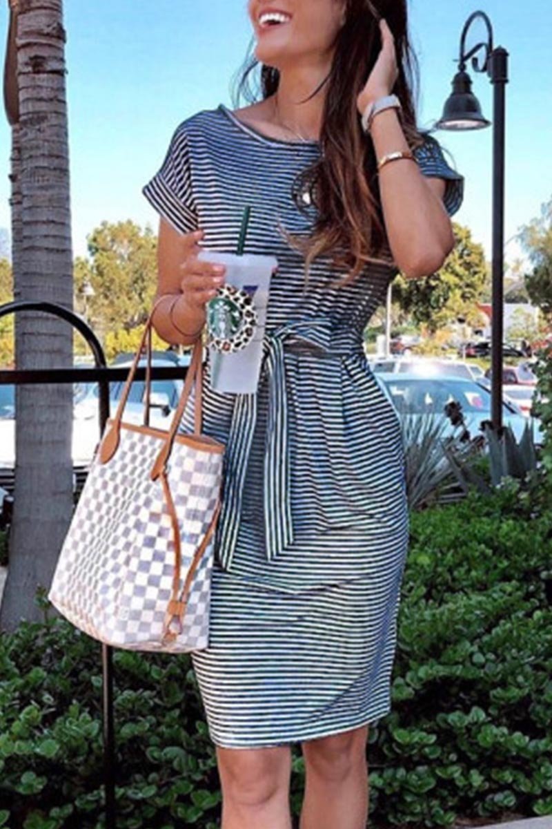 Florcoo Striped Knot Design Grey Midi Dress(5 Colors) - Veooy