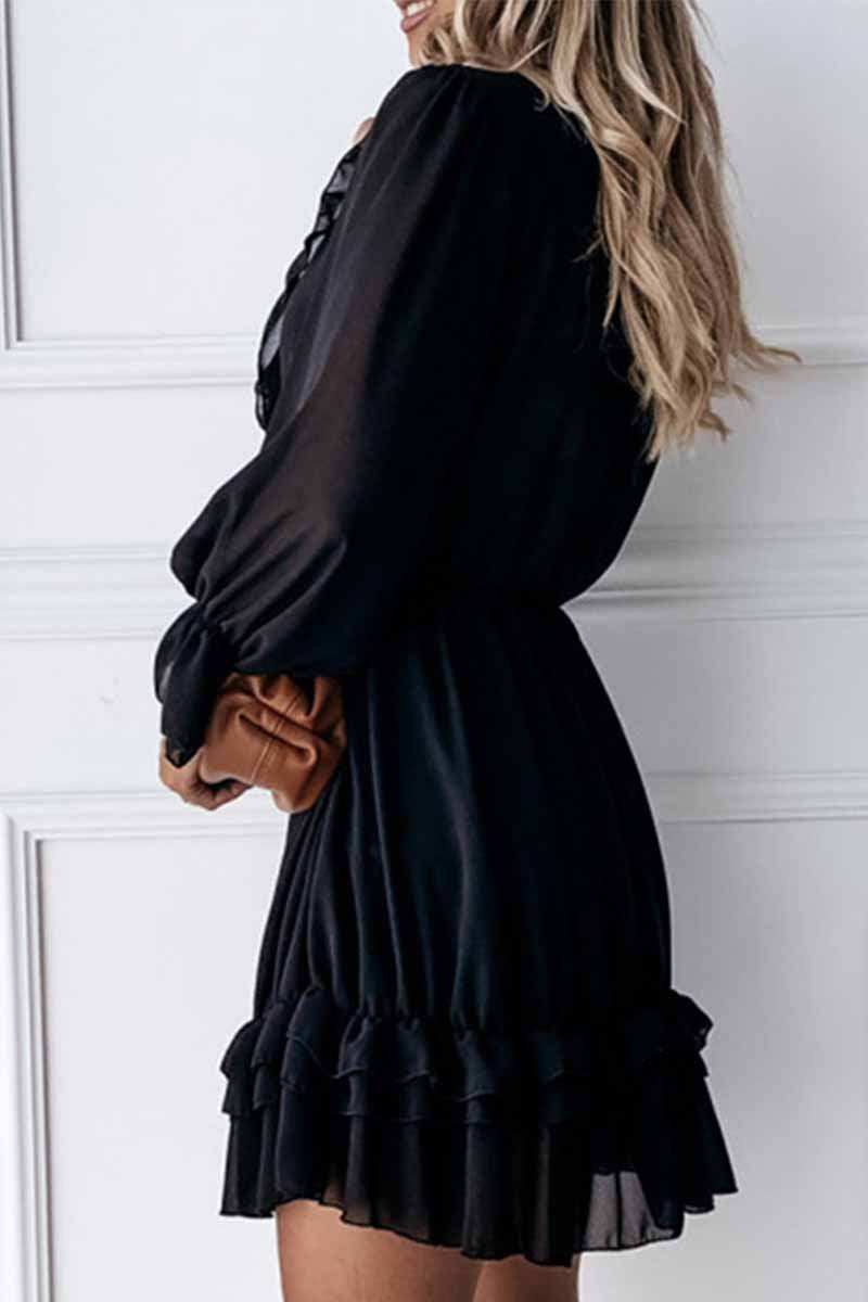 Sexy Black Lace Puff Sleeve V-Neck Lace Mini Dress 💖