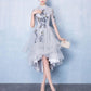 Cute Gray Tulle Lace Applique High Low Prom Dress, Gray Homecoming Dress - Veooy