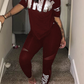 Wine Red Casual Print Sequins Letter O Neck Short Sleeve Two Pieces