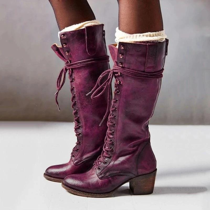 Retro Solid Color Lace-Up Long Boots