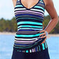 Women&#39;s Plus Size Sporty Halter Neck Striped Print Tankini Swimwear - veooy