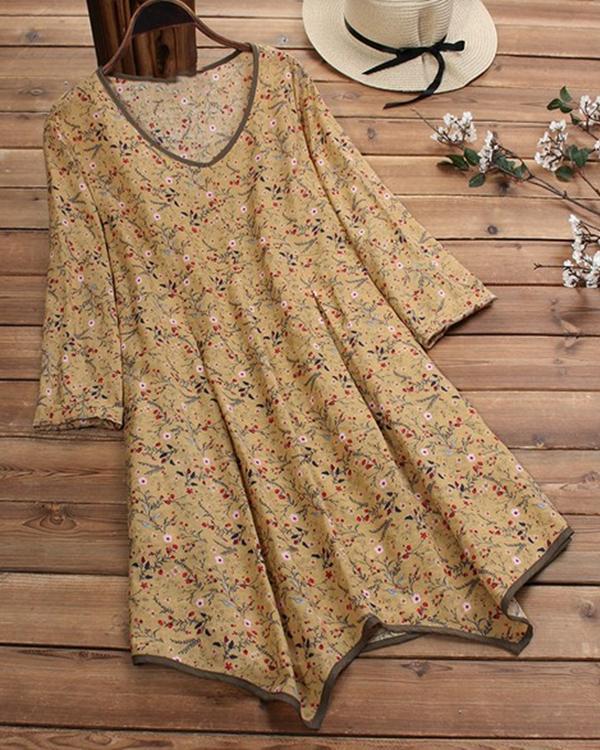 Plus Size Floral Printed Irregular V Neck 3/4 Sleeves Blouses Tops - veooy