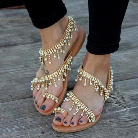 Women Bohemian Style Sandals Casual Beach Pearls Shoes - veooy