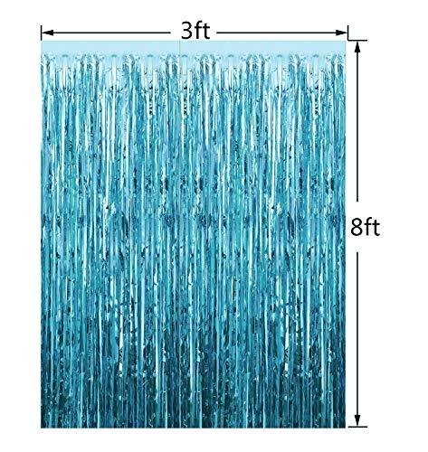 2pcs 3ft x 8.3ft Light Blue Metallic Tinsel Foil Fringe Curtains Photo Booth Props for Birthday Wedding Engagement Party Decorations