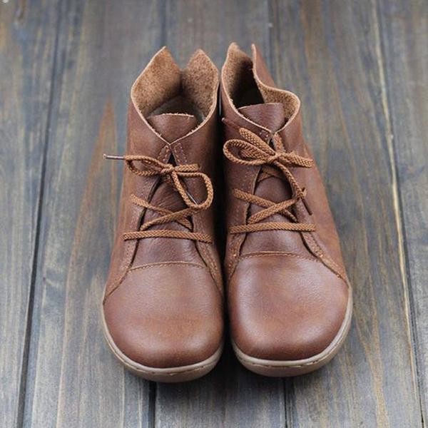 Vintage Solid Color Lace-Up Ankle Flat Boots *