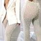 White Sexy Solid Patchwork See-through Beading Turn-back Collar Long Sleeve Two Pieces