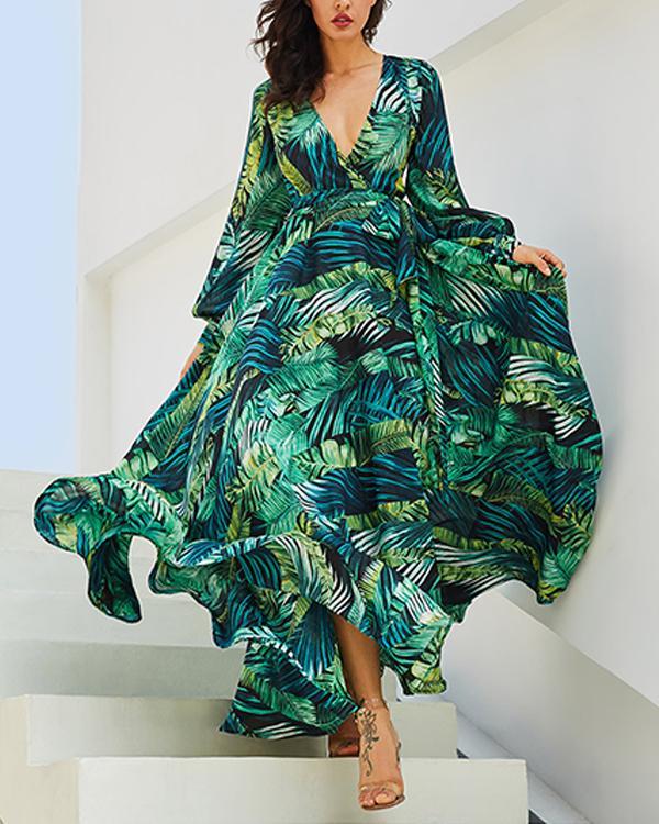Green Tropical Beach Vintage Maxi Dresses Boho Casual V Neck Belt Lace Up Plus Size Dress - Veooy