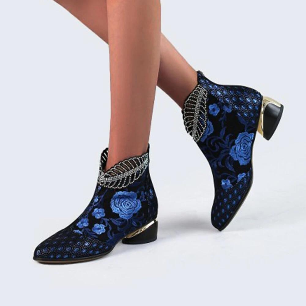 *Comfy Soft Leather Embroidered Flowers Rhinestone Chunky Heel Summer Boots - Veooy