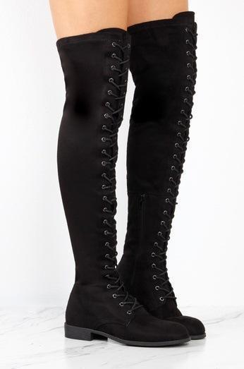 *Low Heel Flat Lace Up Boots Zipper Shoes Thigh High Over Knee Boots * - Veooy